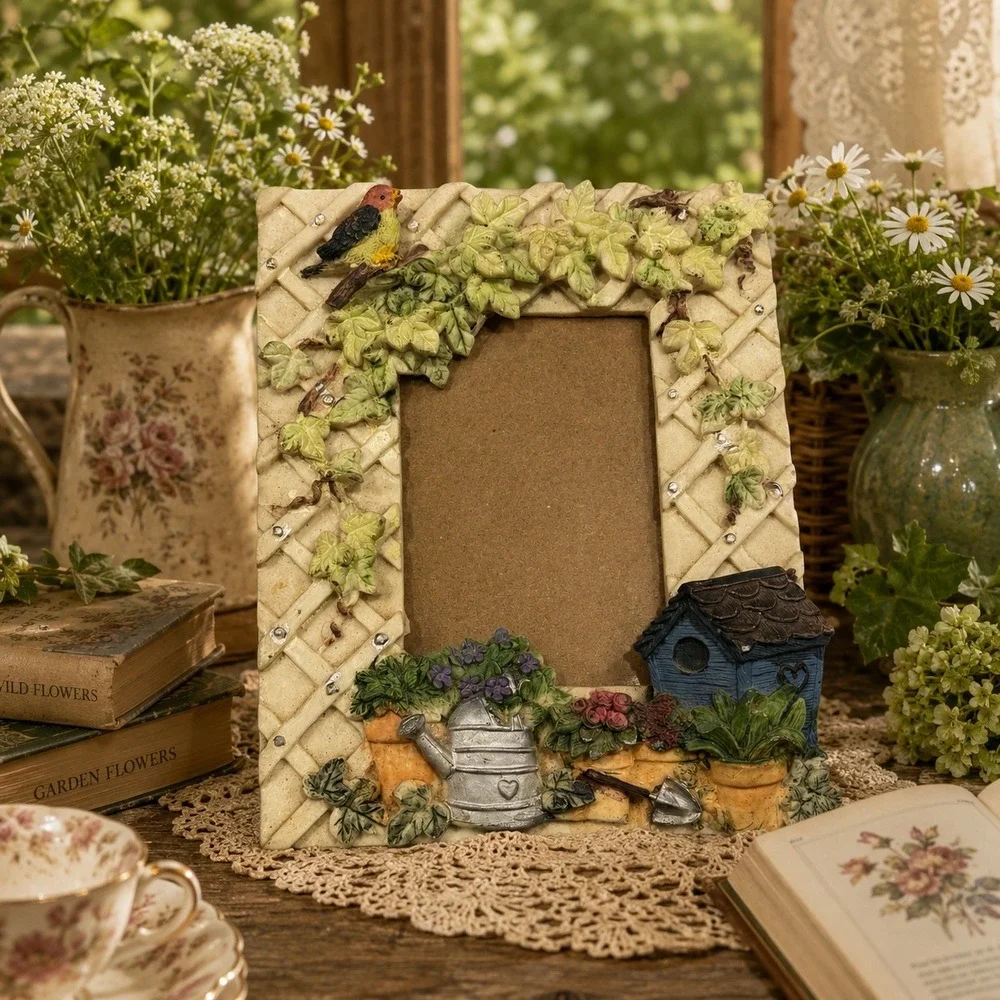 Vintage 3D Garden Photo Frame Birdhouse Floral Cottagecore Shabby Chic Decor